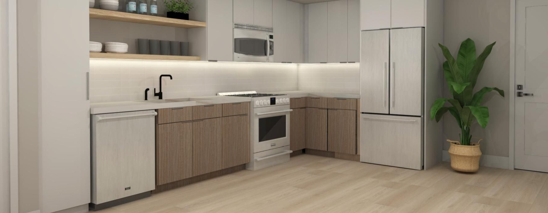 a kitchen with white cabinets