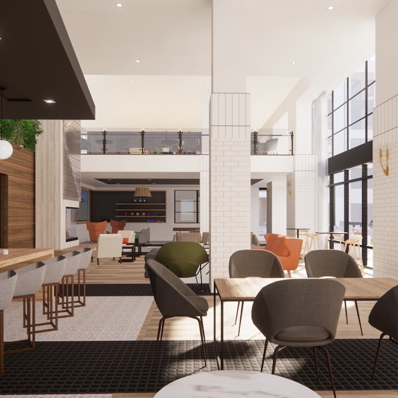 a clubroom with tables and chairs